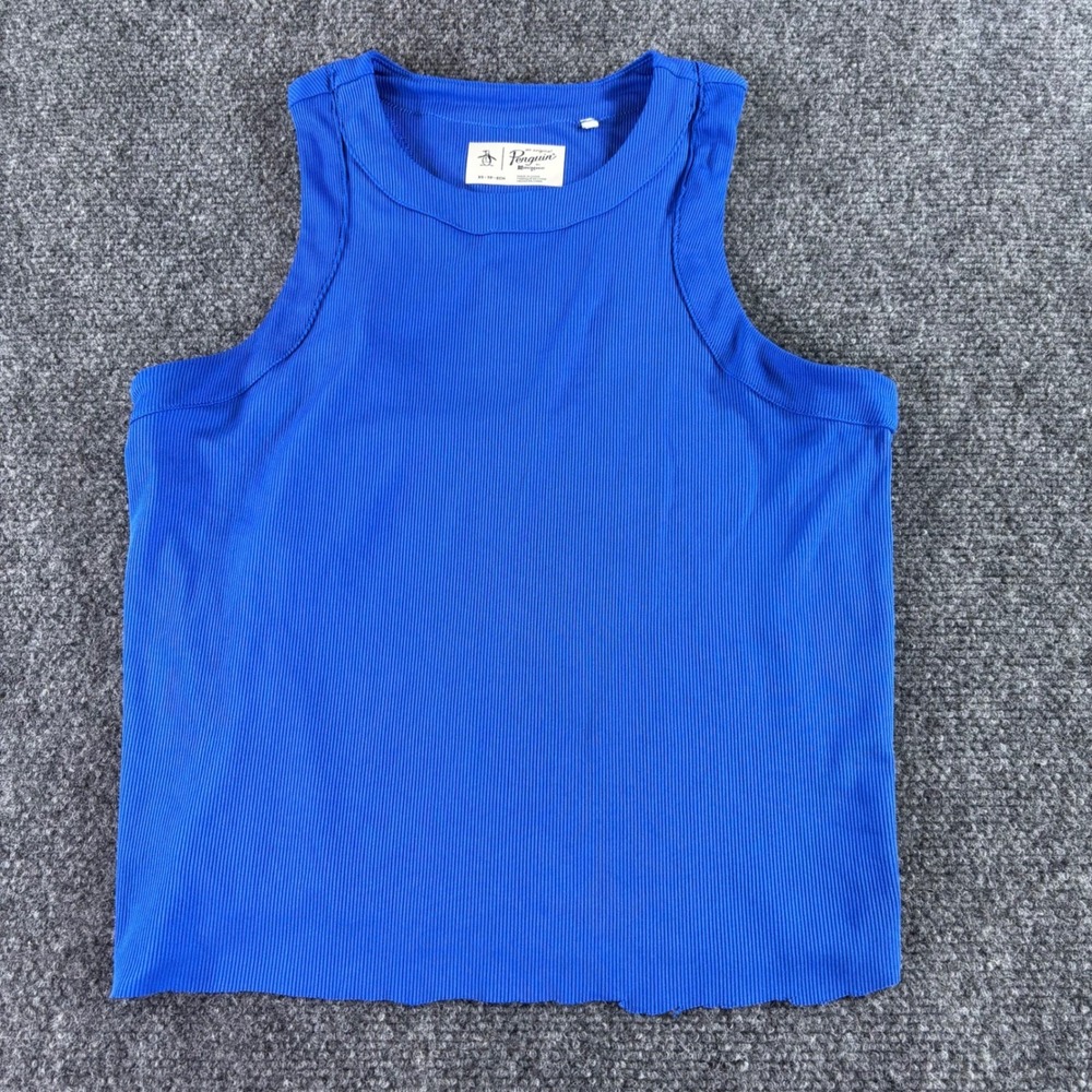 Original Penguin Tank Top Womens XS Blue Ribbed Racerback Lettuce Hem Casual